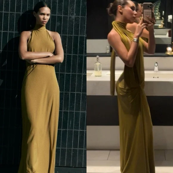 Zara Halter Maxi Green Dress Long Open Back Size S - Picture 1 of 12